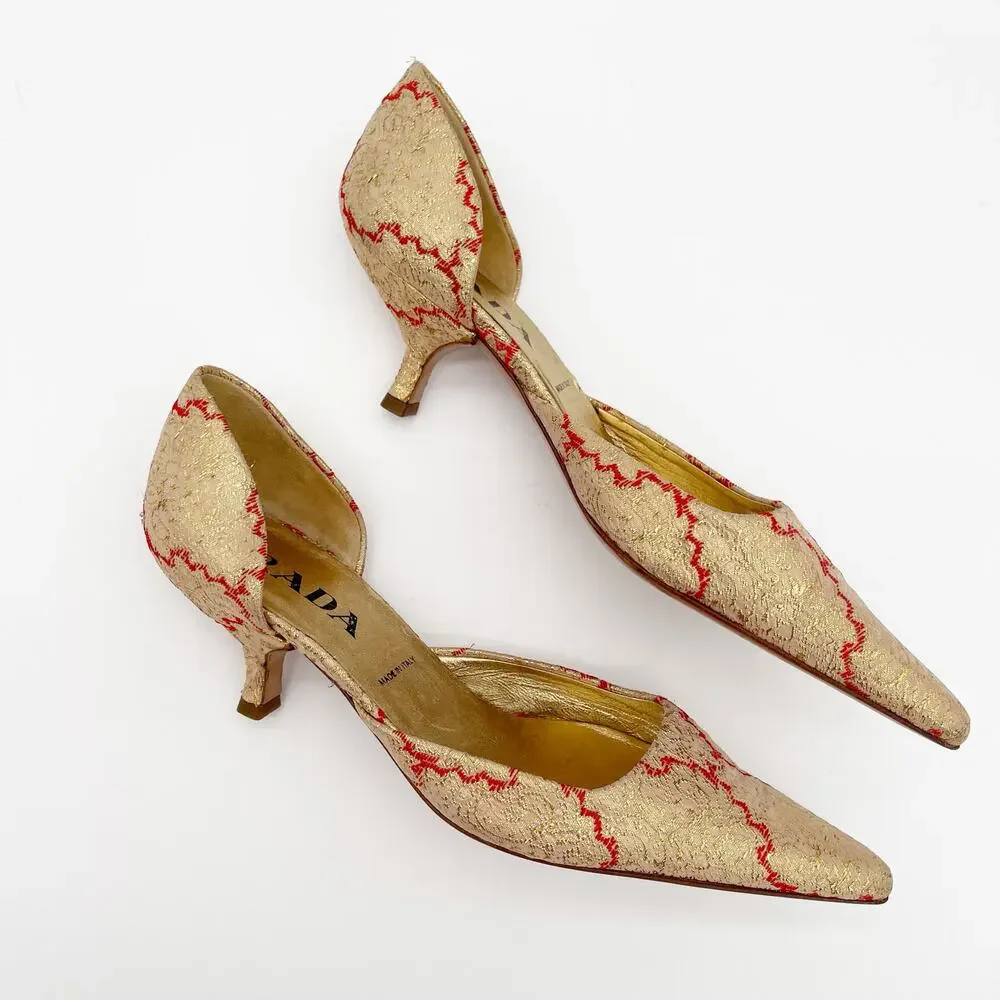 Prada Vintage Gold Brocade Red Woven D’Orsay Pointed Toe Kitten Heels IT 36 - Picture 3 of 12